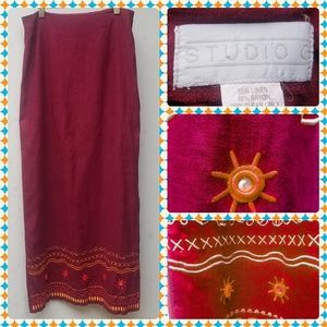 BOHO Maxi Burgandy Skirt with embroidery